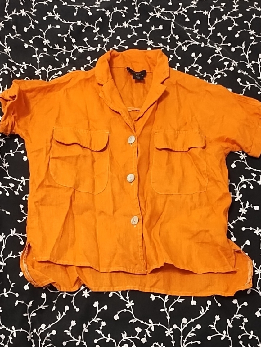 Tahari Orange Button-Down Short Sleeve Shirt 100% Linen